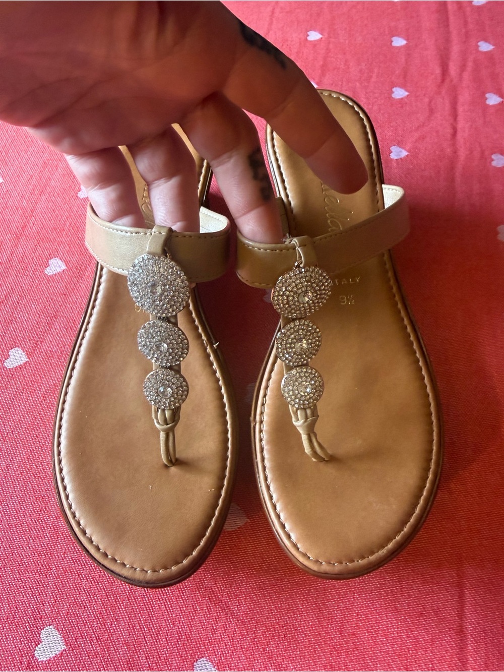 Embellished Tan T-Strap Rhinestone Sandals
